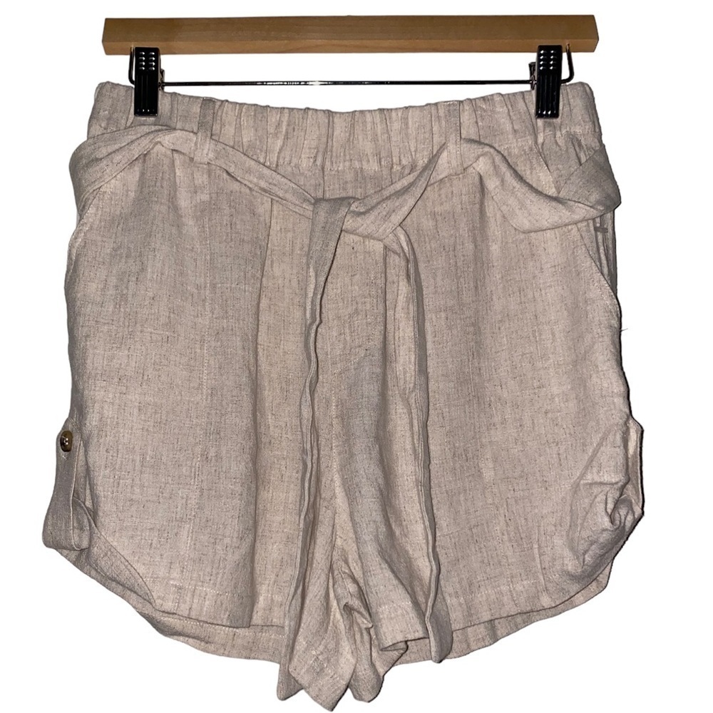 Bobi Black Women Linen Blend Dressy Shorts Oatmeal Tie Waist Wide‎ Leg Medium